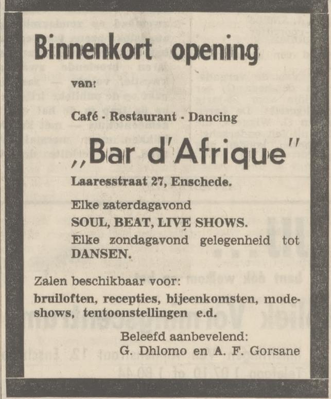 Laaresstraat 27 cafe restaurant dancing Bar d ´Afrique advertentie Tubantia 23-8-1969.jpg