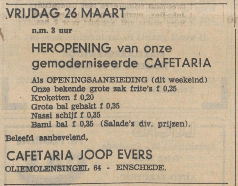 Oliemolensingel 64 cafetaria Joop Evers advertentie Tubantia 25-3-1965.jpg