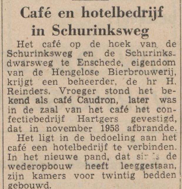 Schurinksweg 34 hoek Schurinksdwarsweg 8 cafe en hotelbedrijf H. Reinders krantenbericht Tubantia 13-8-1963.jpg