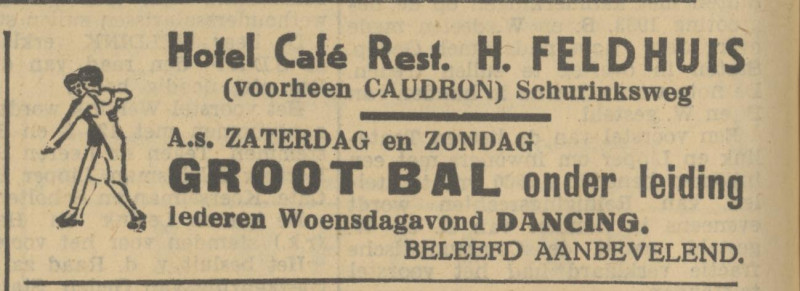 Schurinksweg 36 Hotel Cafe Restaurant H. Feldhaus voorheen Caudron advertentie Tubantia 28-7-1933.jpg