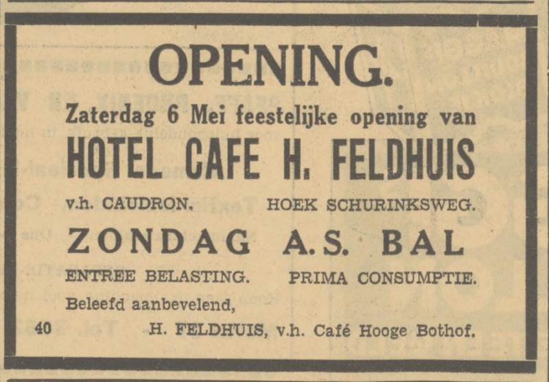 Schurinksweg 36 Hotel Cafe H. Feldhaus voorheen Caudron advertentie Tubantia 5-5-1933.jpg