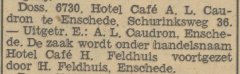Schurinksweg 36 Hotel cafe A.L. Caudron wordt Hotel H. Feldhuis krantenbericht Tubantia 12-6-1933.jpg
