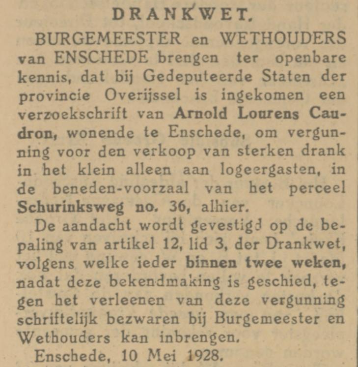 Schurinksweg 36 A.L Caudron Drankwet vergunning Tubantia 10-5-1928.jpg