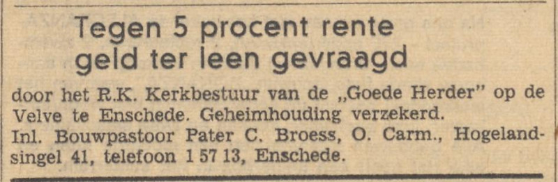 R.K. Kerkbestuur de Goede Herder bouwpastoor Pater C. Broess O. Carm. advertentie Tubantia 20-6-1965.jpg