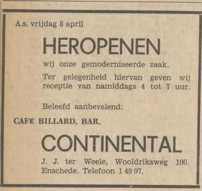 Wooldriksweg 100 cafe billard bar Continental J.J. ter Weele advertentie Tubantia 5-4-1966.jpg