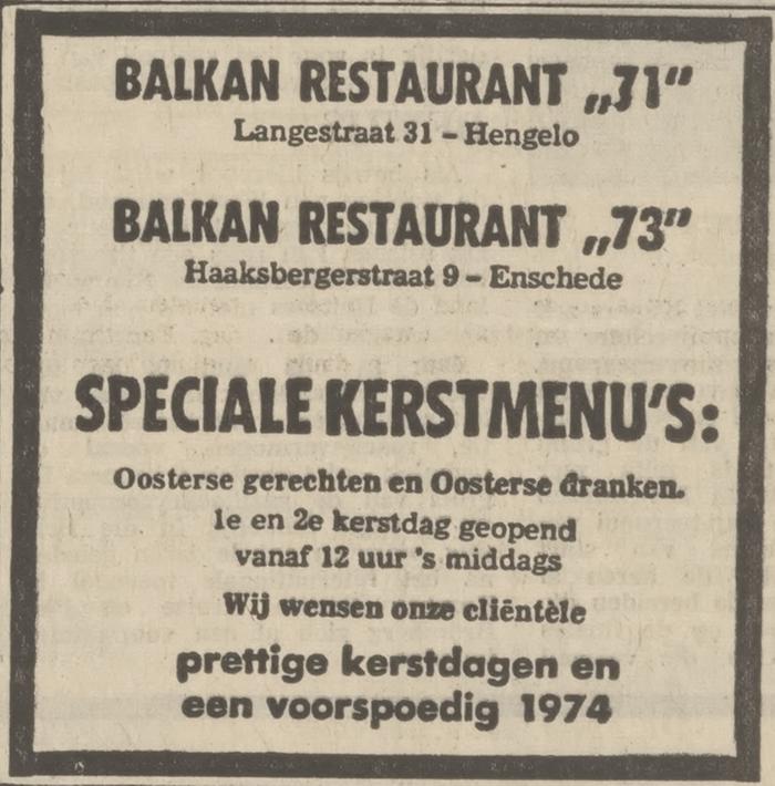 Haaksbergerstraat 9 Balkan restaurant advertentie Tubantia 22-12-1973.jpg