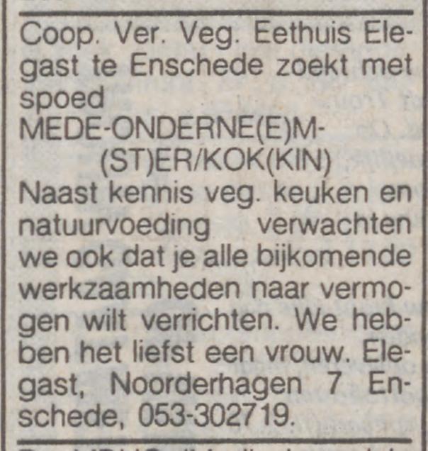 Noorderhagen 7 Vegetarisch eethuis Elegast advertentie Trouw 26-5-1984.jpg
