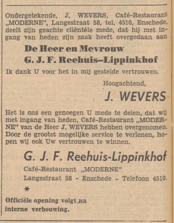 Langestraat 58 J. Wevers cafe restaurant Moderne advertentie Tubantia 2-11-1957.jpg