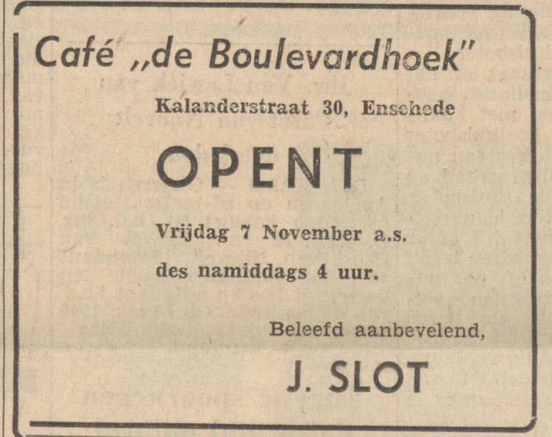 Kalanderstraat 30 cafe de Boulevardhoek advertentie Tubantia 6-11-1958.jpg