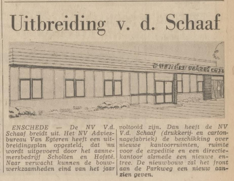 Parkweg 169 Drukkerij- en catonnagefabriek van der Schaaf krantenbericht Tubantia 8-5-1969.jpg