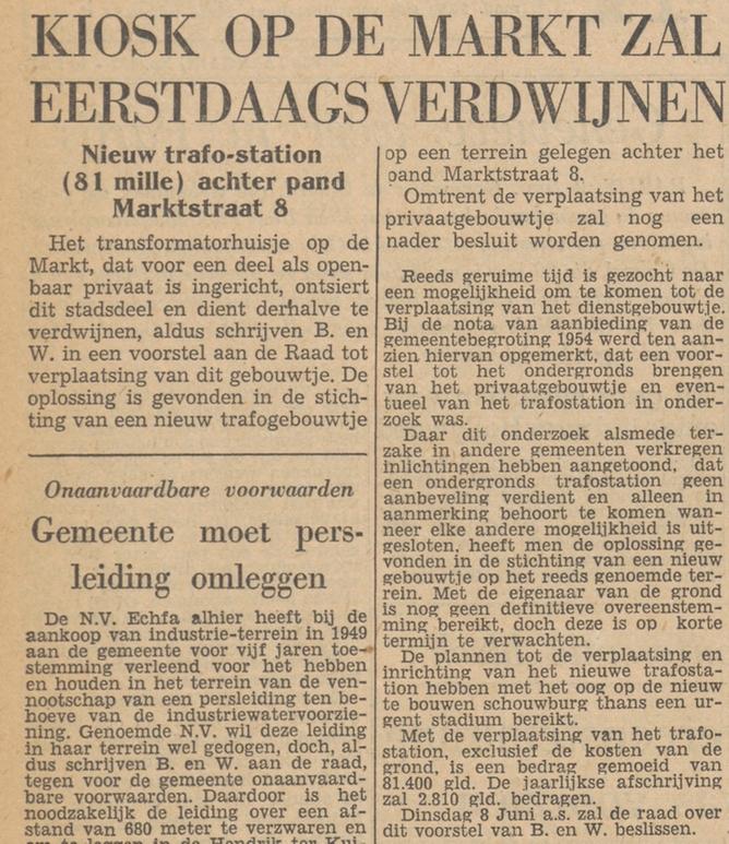 Markt kioskgebouwtje met openbaar toilet zal verdwijnen krantenbericht Tubantia 2-6-1954.jpg