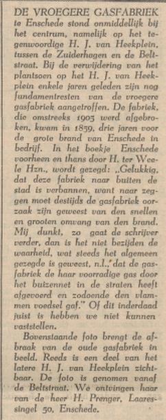 H.J. van Heekplein afbraak oude gasfabriek in 1905 krantenbericht Tubantia 18-2-1954..jpg