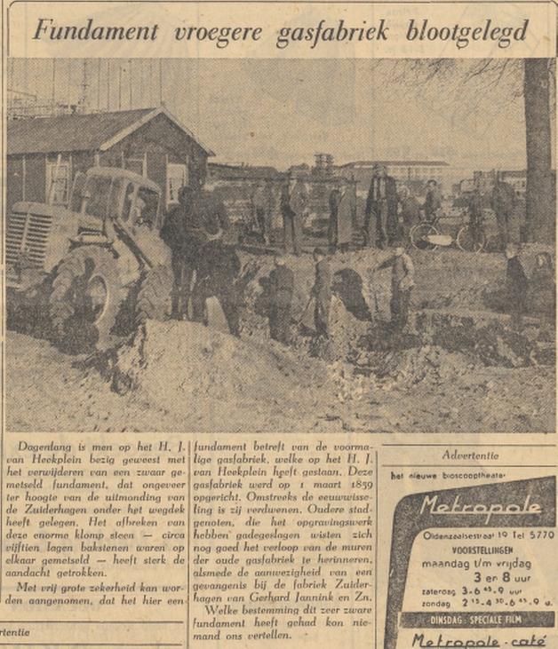 H.J. van Heekplein bij Zuiderhagen fundamenten oude gasfabriek krantenbericht Tubantia 9-4-1957.jpg