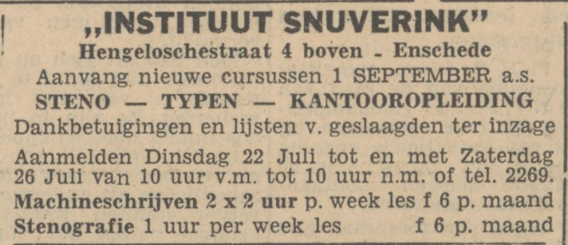 Hengelosestraat 4 boven Instituut Snuverink Kantooropleiding Steno Typen advertentie Tubantia 22-7-1947.jpg