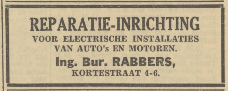 Kortestraat 4-6 Reparatieinrichting Ingenenieursbureau Rabbers advertentie Tubantia 9-7-1949.jpg