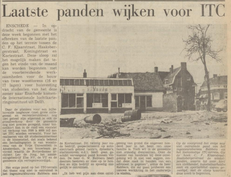 Kortestraat 4-6 Koningstraat vanaf C.F.Klaarstraat Ingenieursbureau Rabbers krantenbericht Tubantia 5-8-1971.jpg