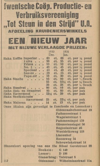 Tolstraat 8 Twentsche Coöp. Verbruikver. U.A. afd. kruidenierswinkels advertentie Tubantia 2-1-1931.jpg