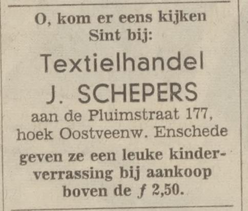 Pluimstraat 177 hoek Oostveenweg Textielhandel J. Schepers advertentie Tubantia 28-11-1966.jpg