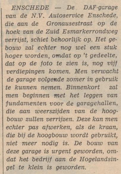 Gronausestraat hoek Zuid Esmarkerrondweg bouw DAF garage krantenbericht Tubantia 13-11-1964.jpg