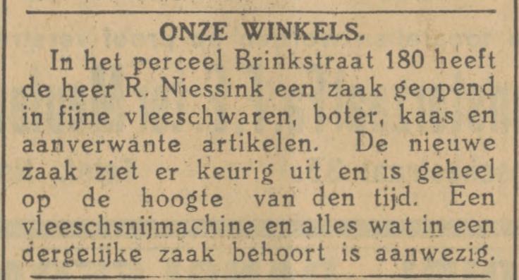 Brinkstraat 180 winkel vleeswaren R. Niessink krantenbericht Tubantia 2-8-1928.jpg