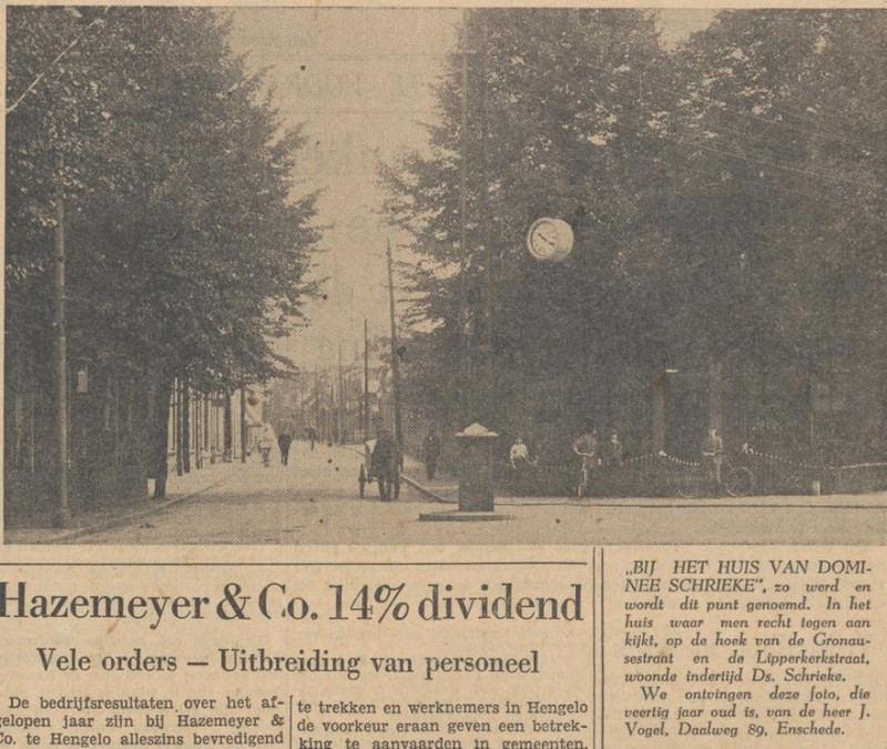 Lipperkerkstraat 2 hoek Gronausestraat nu Espoortstraat huis Dominee Schrieke krantenfoto Tubantia 13-4-1954.jpg