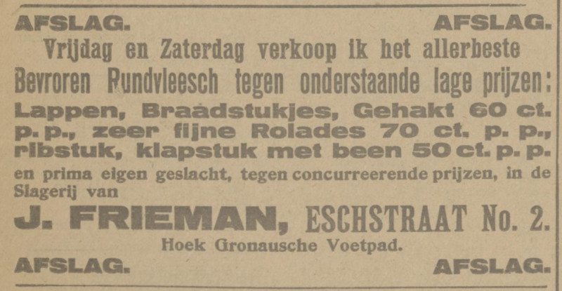 Esstraat 2 hoek Gronausevoetpad slagerij J. Frieman advertentie Tubantia 2-9-1921.jpg