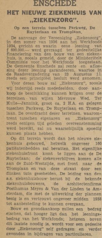 De Ruyterlaan bouw ziekenhuis Ziekenzorg krantenbericht Tubantia 3-1-1938.jpg