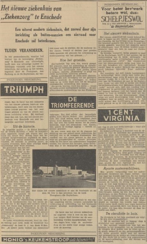 De Ruyterlaan Parkweg bouw ziekenhuis Ziekenzorg krantenbericht Tubantia 30-9-1938.jpg