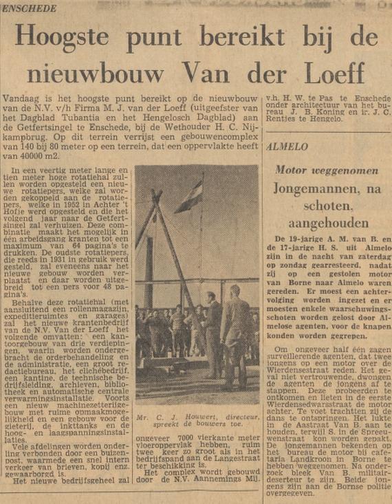 Getfertsingel 41 hoogste punt nieuwbouw Drukkerij voorheen M.J. van der Loeff Dagblad Tubantia krantenbericht 7-10-1963.jpg