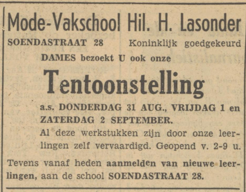 Soendastaraat 28 Modevakschool H.H. Lasonder krantenbericht Tubantia 29-8-1950.jpg