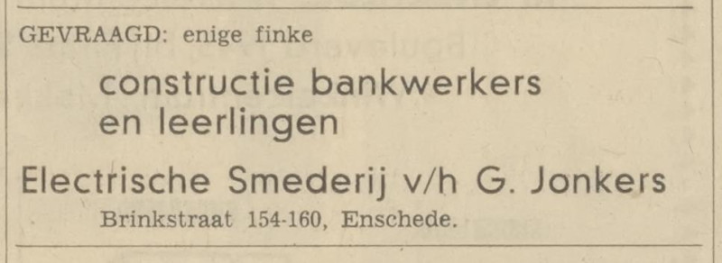 Brinkstraat 154-160 electrische smederij v.h. G. Jonkers advertentie Tubantia 13-5-1966.jpg