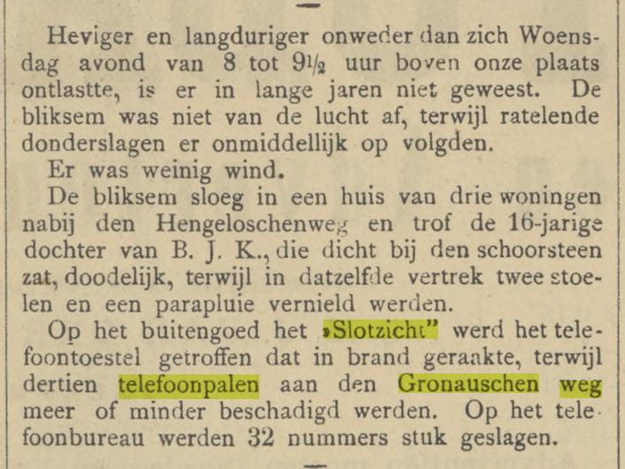 Gronausestraat vroeger Gronauschenweg buitengoed Slotzicht telefoonpalen beschadigd krantenbericht Tubantia 28-7-1894.jpg
