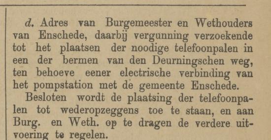 Deurningerweg nu Weerseloseweg Pompstation plaatsen telefoonpalen vergadering gemeente raad Lonneker krantenbericht Tubantia 15-8-1891.jpg