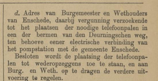 Deurningerweg nu Weerseloseweg Pompstation plaatsen telefoonpalen vergadering gemeente raad Lonneker krantenbericht Tubantia 15-8-1891.jpg