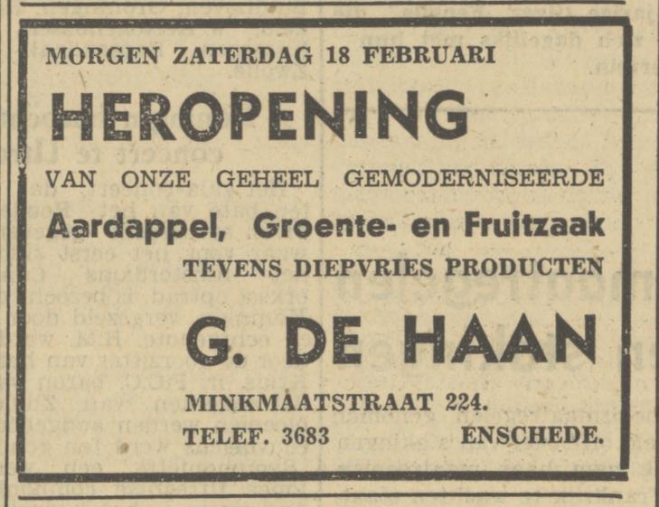 Minkmaatstraat 224 groente- en fruitzaak G. de Haan advertentie Tubantia 17-2-1950.jpg