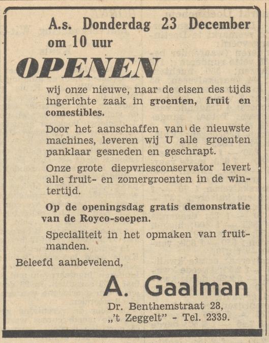 Dr. Benthemstraat 28 A. Gaalman groente-, fruit en comestibles advertentie Tubantia 21-12-1954.jpg