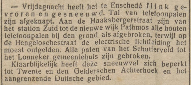 Haaksbergerstraat telefoonpalen afgeknapt bij sneeuwval vanaf station Zuid krantenbericht 15-4-1924.jpg