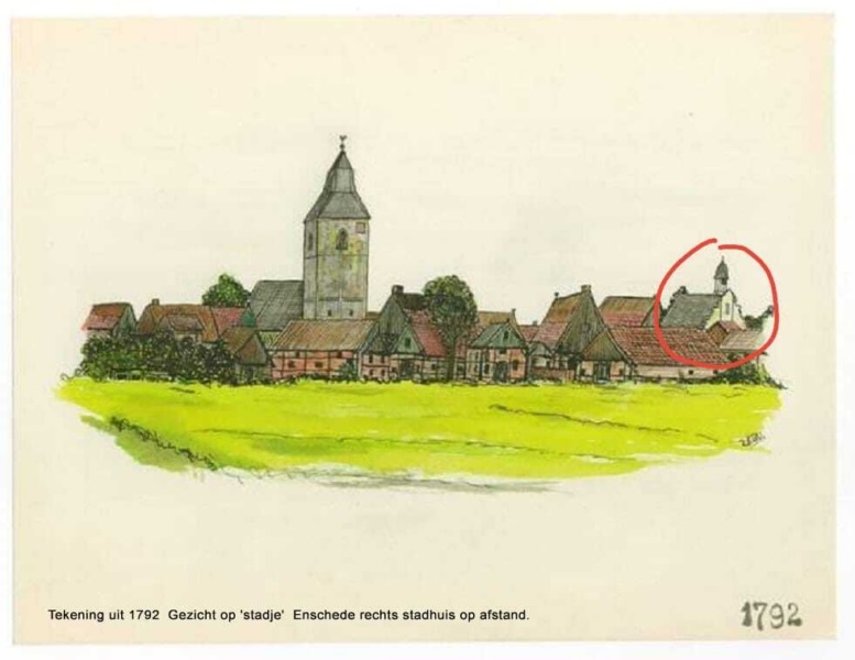 Tekening Gezicht-op-Enschede-1792 met rechts oude stadhuis verloren bij stadsbrand 1862.jpg