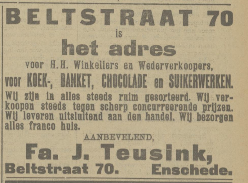 Beltstraat 70 Fa. J. Teusink Koek, Banket, Chocolade en Suikerwerken advertentie Tubantia 28-1-1926.jpg