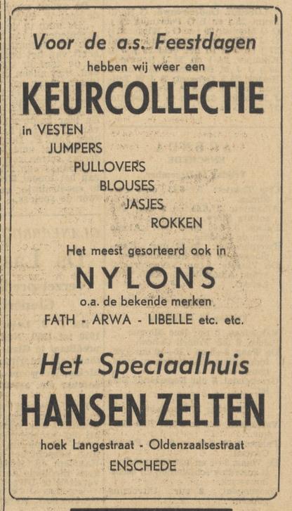 Langestraat 2 hoek Oldenzaalsestraat Het Speciaalhuis Hansen Zelten advertentie Tubantia 16-12-1955.jpg