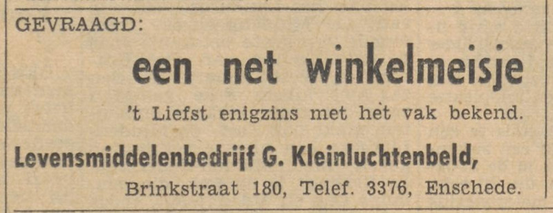 Brinkstraat 180 Levensmiddelenbedrijf G. Kleinluchtenbeld advertentie Tubantia 20-10-1959.jpg