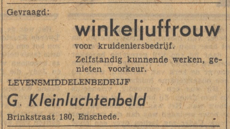 Brinkstraat 180 Levensmiddelenbedrijf G. Kleinluchtenbeld advertentie Tubantia 6-8-1959.jpg