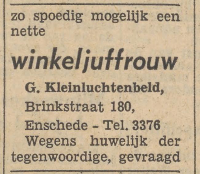 Brinkstraat 180 Levensmiddelenbedrijf G. Kleinluchtenbeld advertentie Tubantia 12-3-1958.jpg