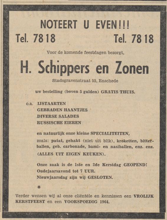 Stadsgravenstraat 55 cafetaria H. Schippers en Zonen advertentie Tubantia 20-12-1963.jpg