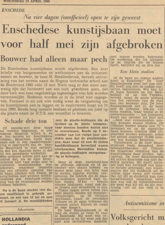 Boulevard 1945 kunstijsbaan H. Smallenbroek krantenbericht Tubantia 13-4-1960.jpg