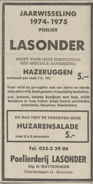 Noorderhagen 1a Poelierderij Lasonder advertentie Tubantia 28-12-1974.jpg