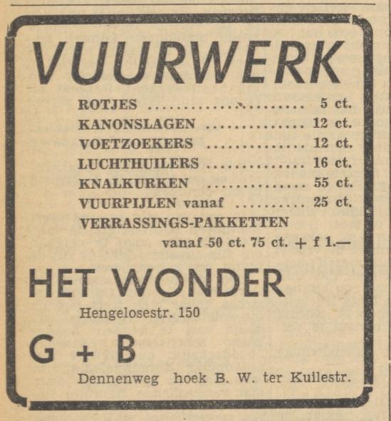 Dennenweg 37 hoek B.W. ter Kuilestraat Hengelosestraat 150-154 Het Wonder vuurwerk advertentie Tubantia 28-12-1959.jpg