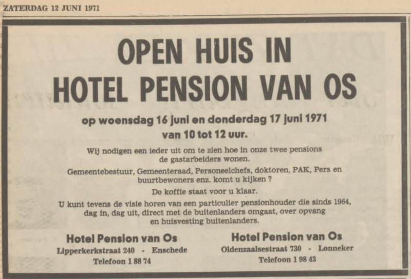 Lipperkerkstraat 240 Oldenzaalsestraat 730 Lonneker Hotel Pension van Os advertentie Tubantia 12-9-1971.jpg