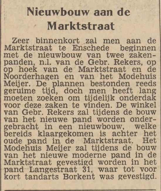 Marktstraat 10-12 panden Modehuis Meijer en Gebr. Rekers krantenbericht Tubantia 29-5-1954.jpg