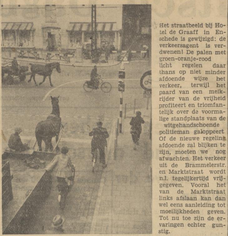 Marktstraat kruispunt De Graaf krantenbericht Tubantia 2-10-1950 stoplicht vervangt politieagent.jpg